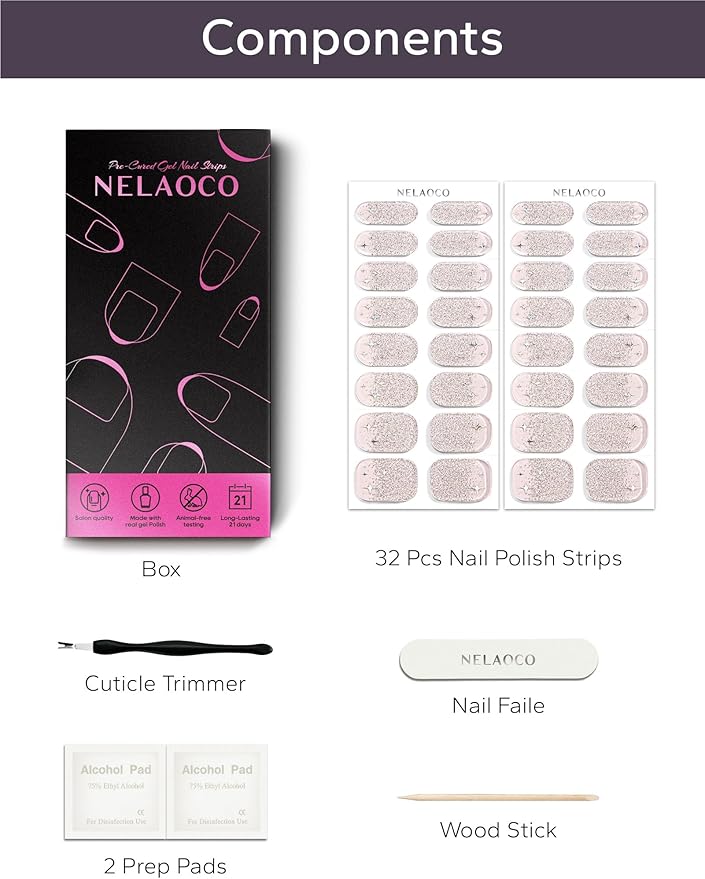 Nail Polish Strips – 32PCS UV Free Salon Quality Wraps, Long Lasting Gel Nail Stickers for Women (Nude Glow)