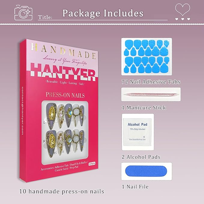 Lavender Press on Nails with 3D Water Droplets, Madonna Medals & Pearls, Long Stiletto Glossy Iced Baroque Fake Nails, Reusable Edgy Luxury False Nails for Women Party Opera Gala (Size S) ﻿