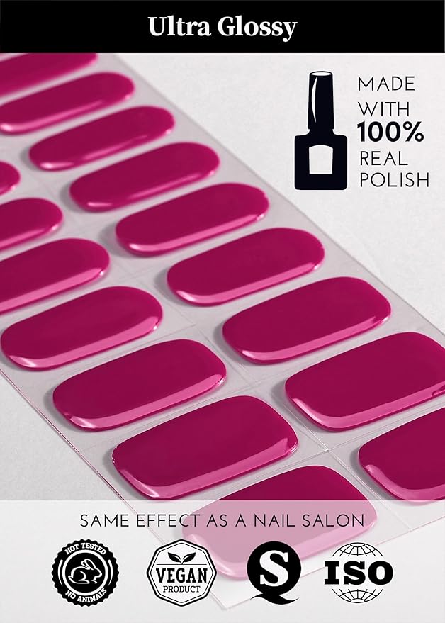 Semi Cured Gel Nail Strips, 20Pcs Long Lasting Salon Quality Wraps, Easy Apply & Remove Gel Nail Stickers with UV Light (Claret Purple)