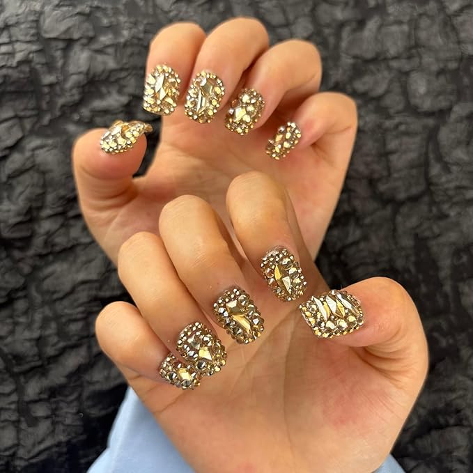 Trendy Handmade Press On Nails Short Square Shape,10Pcs Bling Bling Acrylic Fake Nails with 3D Rhinestone Luxury Design Stick On Nail for Woman Gift(AKA 016, Medium)