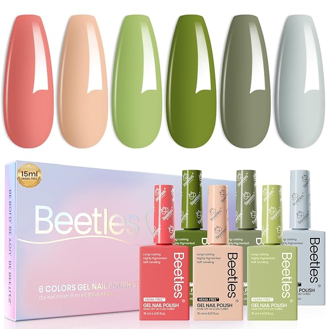 Beetles Spring Gel Polish Set - 6 Colors Hema Free 15ml Green Nude Pink Gel Polish Kit Soak Off Uv LED Nail Lamp DIY Home Manicure Salon Lakeside Serenity Gift for Women Girls st patricks