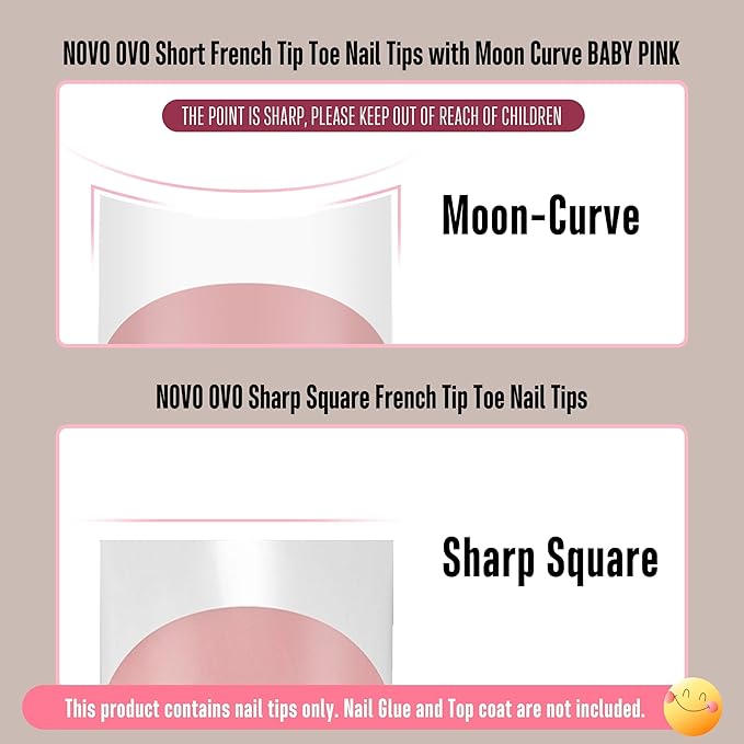 NOVO OVO Halloween Short Toe Nail Tips White French Tip with Moon Curve, BABY PINK Thick Sharp Square Toenail Extension, Soft Gel False Nail Kit, Need Glue Builder Gel Top Coat x15 Sizes 240 pcs