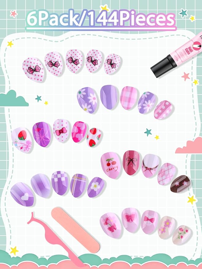 EBANKU 144 Pcs Press on Nail Kids, 6 Pack Mini Kid Flase Nails Kit with Nail Glue Set Fake Nail for Girls Nail DIY Salon Home Decor