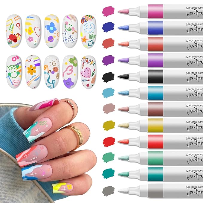 Nail Art Pens Set, 12 Colors Nail Art Markers Polish Pens for Painting Nails, Acrylic Paint Drawing Painting Dotting Markers Pen Quick Drying Nail Art Design Manicure Tools