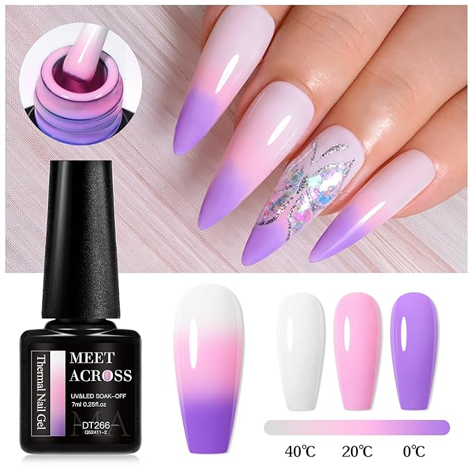 MEET ACROSS Color Changing Gel Nail Polish Set of 12 Temperature Changing Colors Gel Polish Including Pink Purple Orange Mood Changing Gel Manicure Kit for Nail Art Home DIY