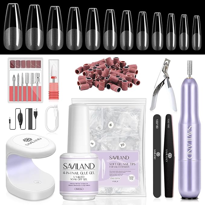 SAVILAND Gel Nail Kit with Drill: ALL-IN-1 Beginner Nail Kit, 0.5Oz U V Nail Glue Gels, Gel Nail X Kit with Lamp, 500 Pcs Long Coffin Tips Nails Builder Kits, Salon At Home Manicure Gift for Women