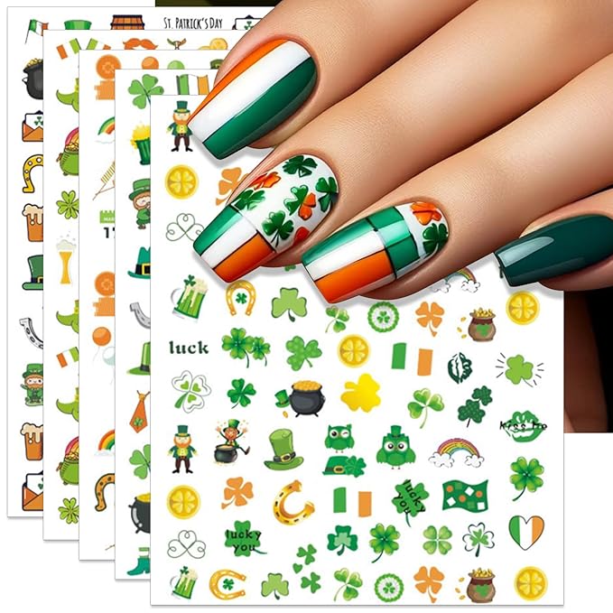 St. Patrick's Day Nail Art Stickers, Irish Shamrock Leprechaun Hat 3D Self-Adhesive Nail Decals Lucky Clover Design (6 Sheets)