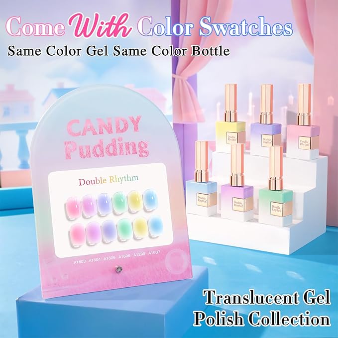 Double Rhythm 6 Pcs 15 ML Gel Polish Set Same Color Same Bottle Soak Off Gel Polish Kit Nail Art Manicure Salon DIY at Home for Women (Jelly Pink Purple Green Yellow Blue-T6-22)