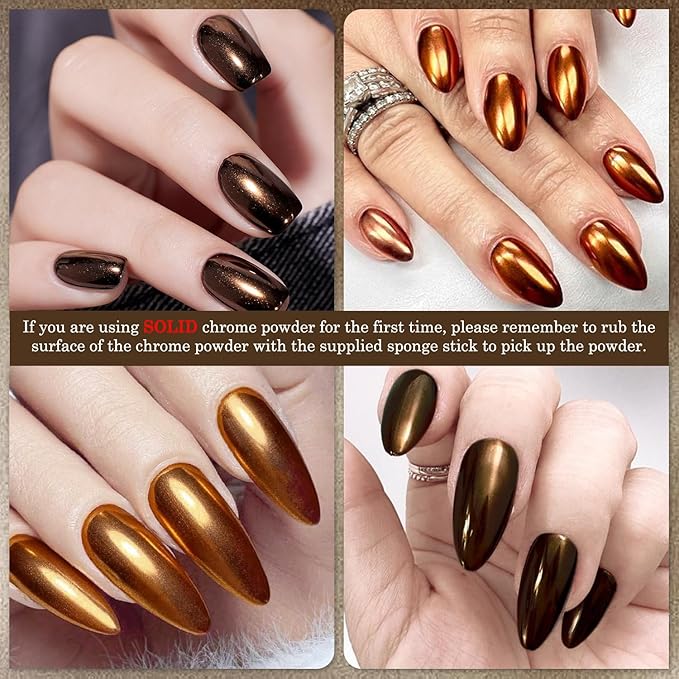 2Pcs Brown Copper Chrome Nail Powder Kit for Nails Shimmer Metallic Mirror Effect Orange Gold Glitter Pigment Dust Fall Dark Brown Copper Chrome Powder for Gel Nails Polish Design with Tools