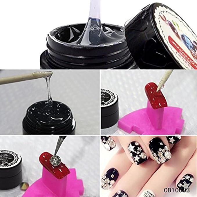 Nail Art Rhinestone Glue Super Sticky 8ml Gem Gel Manicure Polish Adhesive Builder Decoration (UV Light Cure Needed) with Tray Shiny Stone and Paiting Pen
