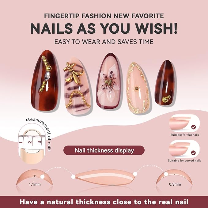 Medium Press on Nails Almond Fake Nails Brown False Nails,Flowers Artificial Nail with Gold Brown Leopard Charm Designs Fall Autumn Handmade Nail 3D Floral Stick on Nails for Women,24pcs