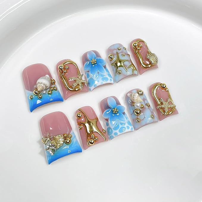 Handmade Press on Nails Medium Duck Fake Nails Blue Gradient French False Nails with 3D Flower Art Designs Muti-Layer Gel Thick Luxury Acrylic Handmade Nail for Women 10Pcs(Size M)