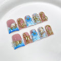 Handmade Press on Nails Medium Duck Fake Nails Blue Gradient French False Nails with 3D Flower Art Designs Muti-Layer Gel Thick Luxury Acrylic Handmade Nail for Women 10Pcs(Size M)