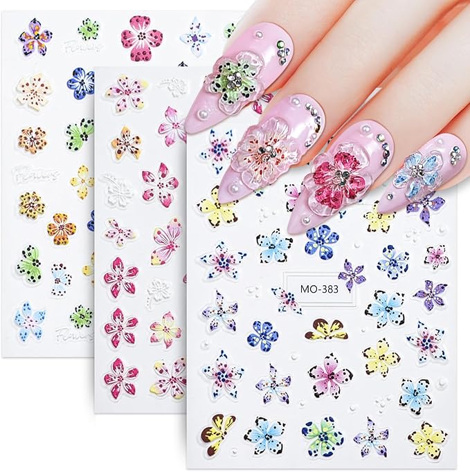 Flower Nail Stickers for Nail Art - 5D Embossed Hibiscus Nail Decals, 3 Sheets Self-Adhesive Pink White Lily Hibiscus Tropical Floral Summer Spring Flower Nail Designs Decor for Women Girls 807-11