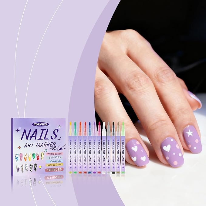 Nail Art Marker Set Water based Acrylic Paint Pens with Precision Tips DIY Nail Design Graffiti Dotting Quick Easy use Tools Beautiful Manicures Perfect for Ladies Thick Pen Tip Girls 12 Color