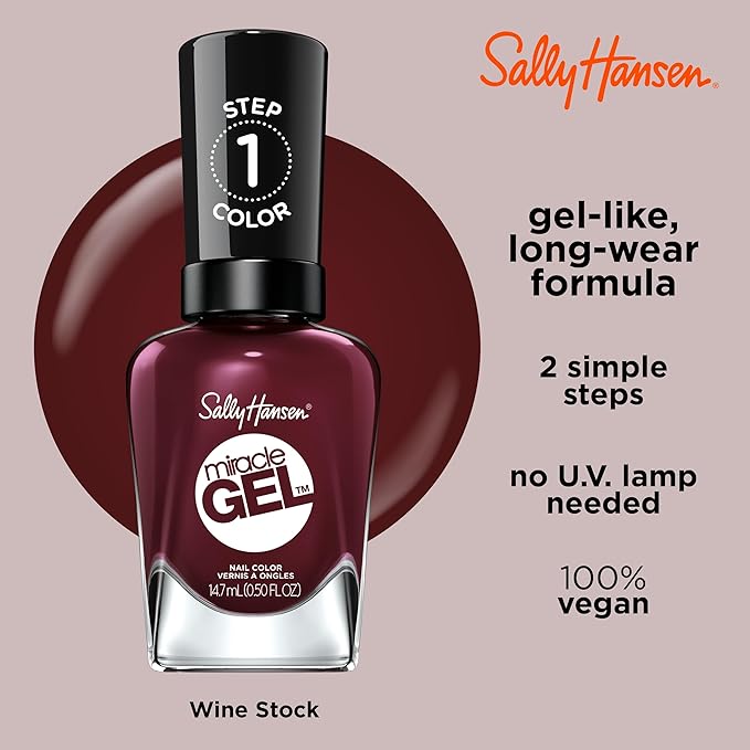 Sally Hansen Miracle Gel Salon Quality Nail Polish | Gel-Like Formula, Two-Step System, No UV Light Needed, Long Lasting | Opaque, Glossy | 479 Wine Stock | Wine Red Nail Color