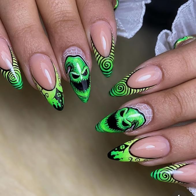 Halloween Green Press on Nails, Glossy Almond Fake Nails, French False Nails with Green Big Eye Monster & Swirl Designs, Full Cover Acrylic Stick on Nails for Women Girls Daily Wear 24 Pcs