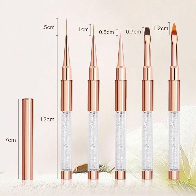 BRBASAP 5Pcs Gel Nail Brush Set Gel Nail Art Brushes with Cap Rose Gold Rhinestone Handle Liner Brush for Acrylic Hard Nails and Young Nails Professional Nail Polish Design Set for Salon DIY