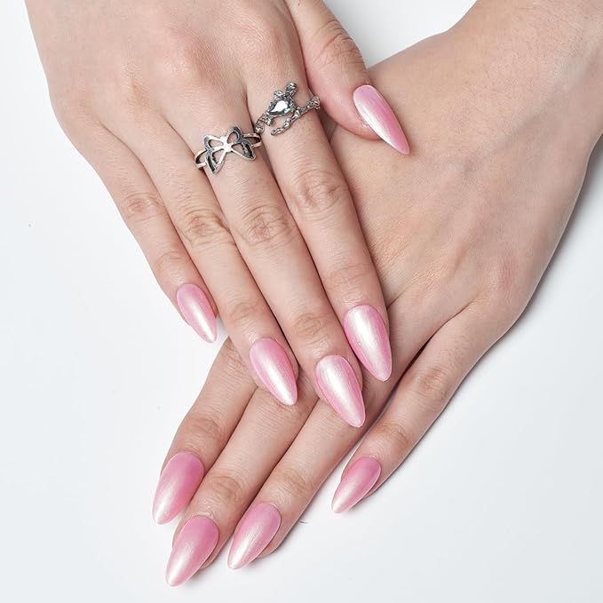 GLAMERMAID Pink Press on Nails Medium Almond, Handmade Glitter Shimmer Neutral Jelly Chrome Gel Glue on Nail Stiletto, Glossy Fake Nails Short Oval，Reusable Acrylic Stick on False Nail Kits for Women
