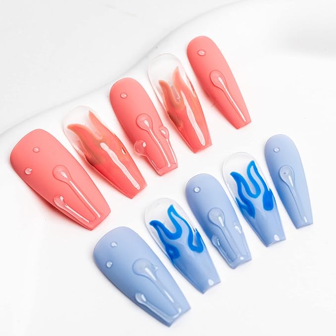 Sun&Beam Nails Handmade Long Coffin Ballerina Pink Blue False Nail Tips with Cute 3D Water Drops Popular Charm Design Press On Nails 10 Pcs (#025 S)