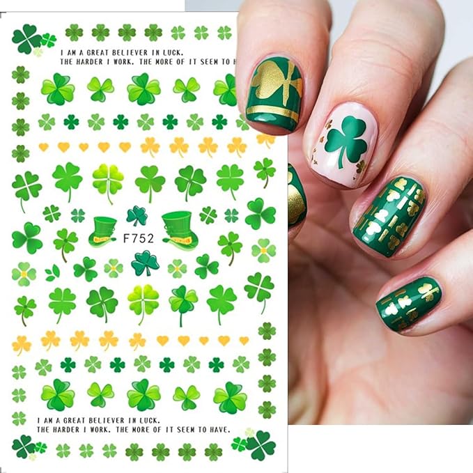 Green Shamrock Nail Art Stickers Decals 3D Self Adhesive St. Patrick's Day Nail Stickers Lucky Clover Design Spring Nail Decals Cute Heart Nail Supplies Shamrock Decoration for Women Manicure 8Pcs