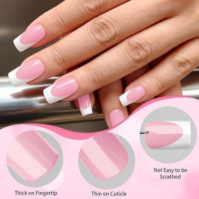 280pc French Tips Press on Nails Medium Square Fake Nail with Glue Tabs, French Tips Glue on Nails Press on Nail Square Acrylic Nails Medium Artificial Fingernails Women Girls Berry Pink False Nails