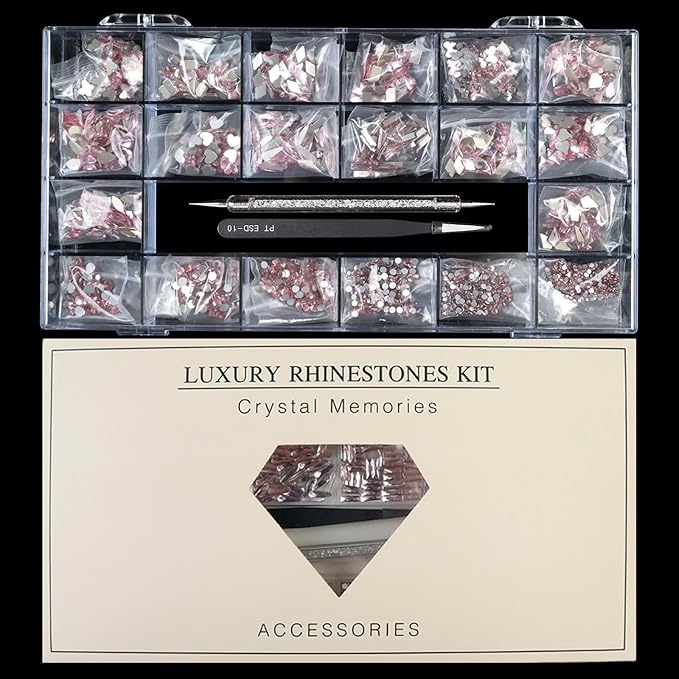14 Types of 700 Pink Diamonds + 1500 Flat Rhinestones Mix 20 Styles Flatback DIY Crafts Rhinestone Crystals 3D Ornament‌s Flat Back Stones Set + Tweezers + Drill Pen