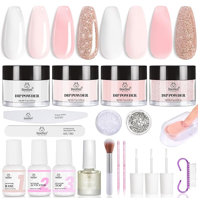 Beetles Dip Powder Nail Kit, All Season Nude White Pink Glitter 4 Colors Dipping Powder with with Base Top Coat Activator and Tools for French Nail Art, Easy DIY Home Manicure Salon Blush Champagne