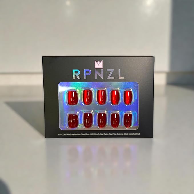 Press On Nails - Ruby | Red Cat Eye Short Square UV Finish Nails, Salon Quality | 32 Nails, 16 Sizes Kit with Glue and Adhesive Tabs I Female Founded