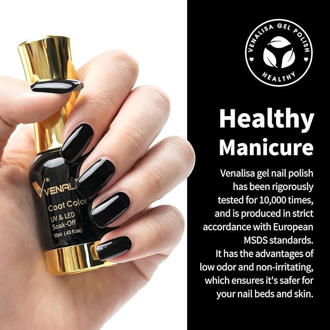 VENALISA Gel Nail Polish, 12ml Black Color Soak Off UV LED Nail Gel Polish Nail Art Starter Manicure Salon DIY at Home, 0.43 OZ