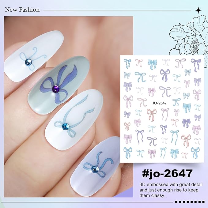 6 Sheets Bow Nail Sticker 3D Embossed Self-Adhesive Color Bow Art Nails Decals 5D Design Stickers Supplies for Women Girls Manicure Decoration 807-8
