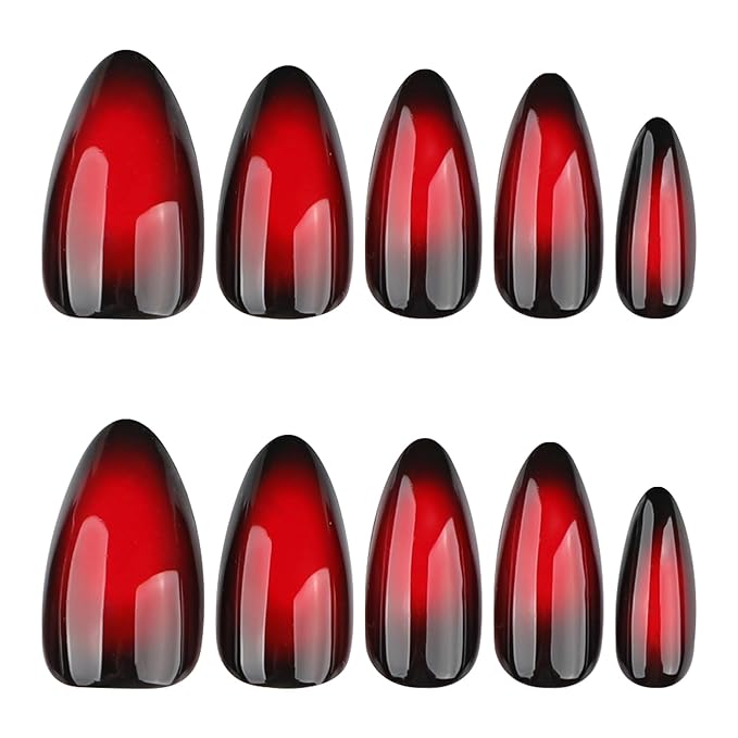 Red Black Ombre Press On Nails Almonds Medium Length - Acrylic Fake Nail, Reusable Glue On Stick On Nails, Fall Halloween Designer Nails for Women, Gradient False Nail, Hallows' Day Gift