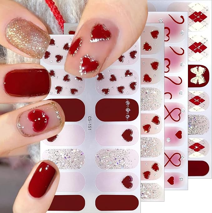 4Sheets Valentines Day Gel Nail Stickers Romantic Love Heart Nail Polish Strips Glitter Gel Nail Wraps Self Adhesive Cute Bow Nail Polish Stickers French Heart Full Wrap Nail Decals for Women Manicure
