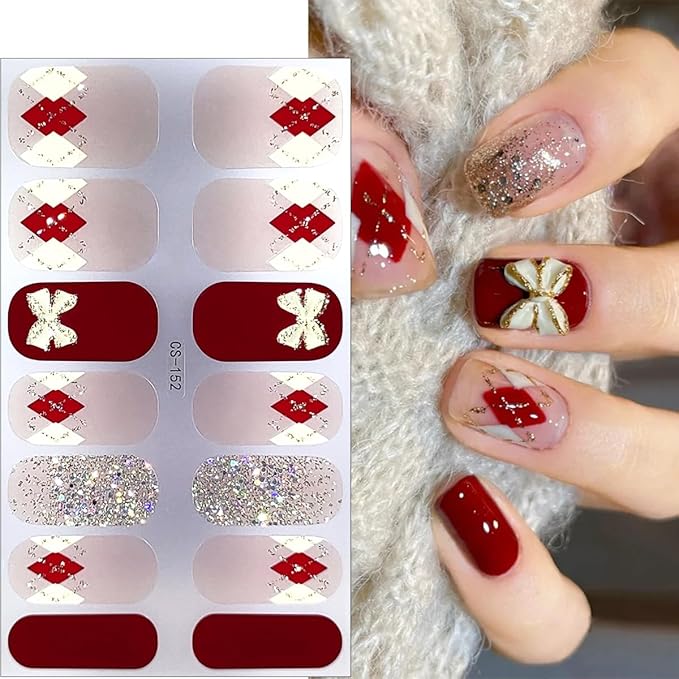 4Sheets Valentines Day Gel Nail Stickers Romantic Love Heart Nail Polish Strips Glitter Gel Nail Wraps Self Adhesive Cute Bow Nail Polish Stickers French Heart Full Wrap Nail Decals for Women Manicure