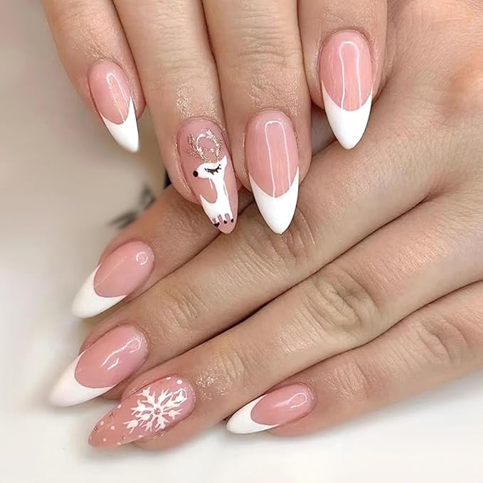 AddFavor French Tip Press on Nails Medium Almond Fake Nails, 120pcs White French Tip Nails Glossy Nude Almond Nails Press on Artificial False Nail with Adhesive Tab for Women Girls