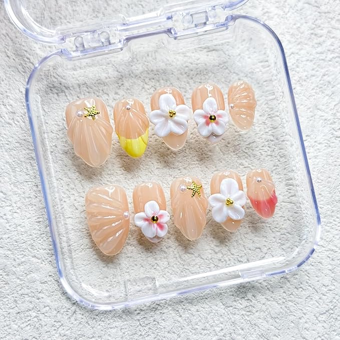 Short Almond Press on Nails Handmade Nails with Glue,Muti-Layer Gel French Tip Fake Nails with 5D Flower Design Nude Acrylic Nail Reusable Nature Handmade False Nails for Wome (Size S)