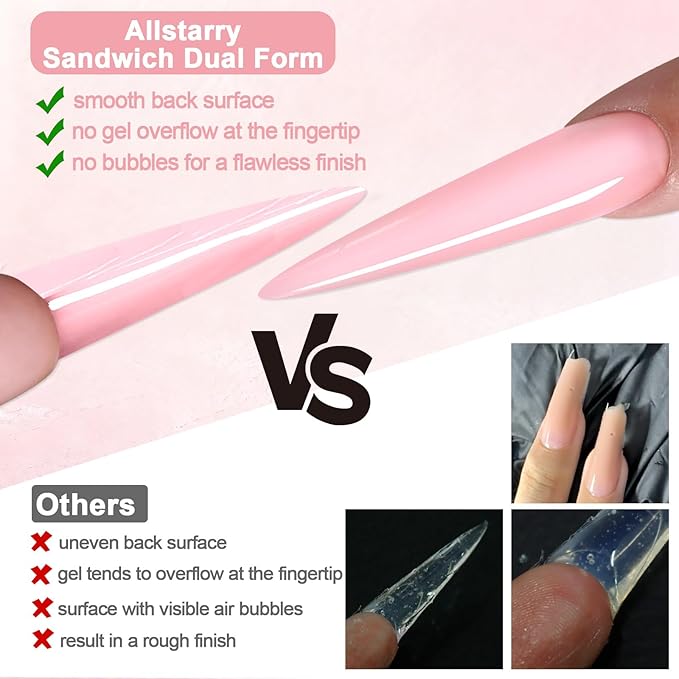 Allstarry Sandwich Dual Nail Forms, Reusable Sandwich Dual Forms 240pcs 15 Sizes Almond Pointed Nail Extensions Plastic Poly Gel Nails Forms for Builder Gel No Paper Forms Need Moldes Dual Nails Mold