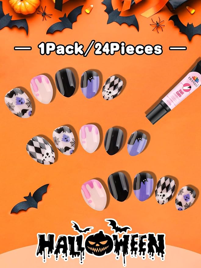 24 Pieces Press on Nail Kid, EBANKU Halloween Mini Glue on Nail Almond Cute Design Acrylic Nails with Nail Glue for Girls 7-12 Years