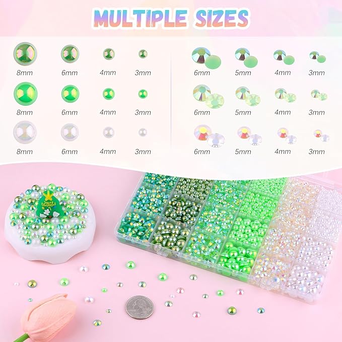 14000Pcs Flatback Pearls and Rhinestones for Crafting, Green White Mixed Size 3-8mm Resin Rhinestones and Half Pearls for Bedazzling, Nail Art and Decoration with 3pcs B7000 Jewelry Glue