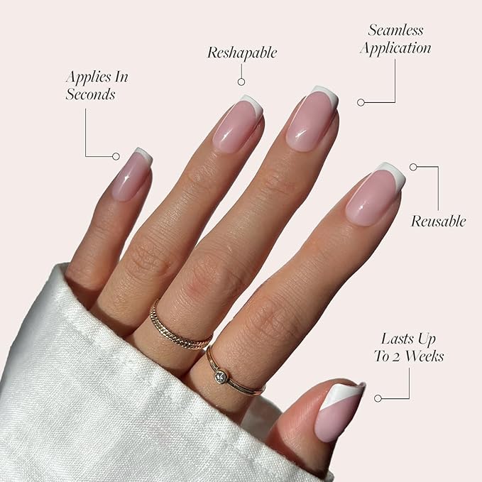 Glamnetic Press On Nails - Classy French | Medium Square Fake Nails, Trendy Micro French Tip, Salon Quality | 15 Sizes - 30 Nail Kit