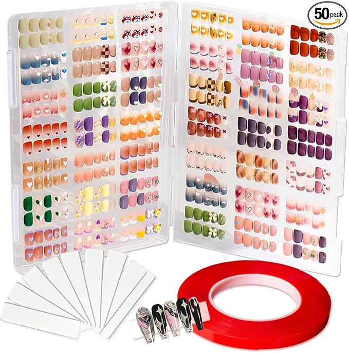 Large Clear Press on Nails Storage Box, Empty Press on Nails Packaging Box Set with Double-sided Adhesive Tape and 50 Arcylic Nail Display Stand Can Be Used to Store and Store Personal Items