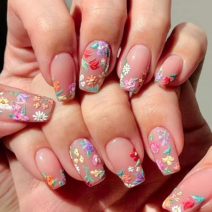 Flower Press on Nails Medium Cute Colorful 3D Flowers Fake Nails Square Acrylic Nails Press ons Colorful Floral Full Cover Glossy Spring and Summer Stick Glue on Nails for Women Girls 24 Pcs