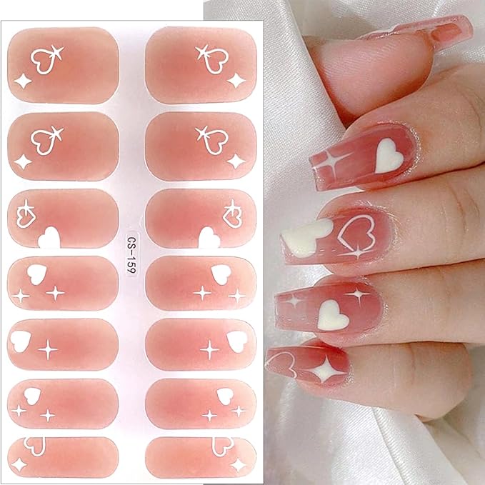 Valentines Nail Polish Stickers Self Adhesive French Tip Nail Stickers Black White Pink Heart Gel Nail Stickers Romantic Valentines Day Gel Nail Strips Cute Bow Full Nail Wraps Stickers for Women 4Pcs