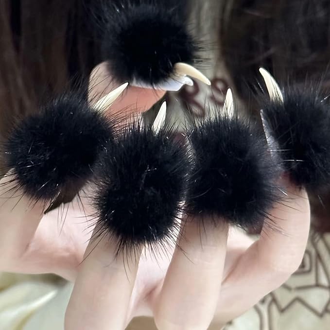 Halloween Press on Nails Luxury Medium Stiletto Handmade Eagle Claw Unique Reusable ABS Material Curved Fake Nails Dragon Cat Claw False Nails with Black Fur Glossy Glue on Nail Thick Acrylic Nail(M)