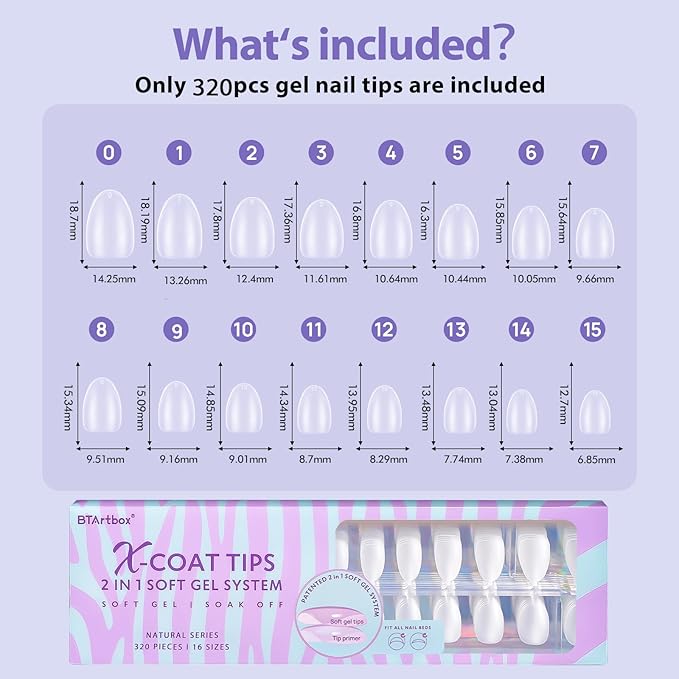 Extra Short Almond Nail Tips - BTArtbox Clear Gel Nail Tips Natural with Tip Primer Cover, Pre-shaped Full Matte Oval Gel Press On Nails Clear Soft Fake Nails for Daily Nail Art