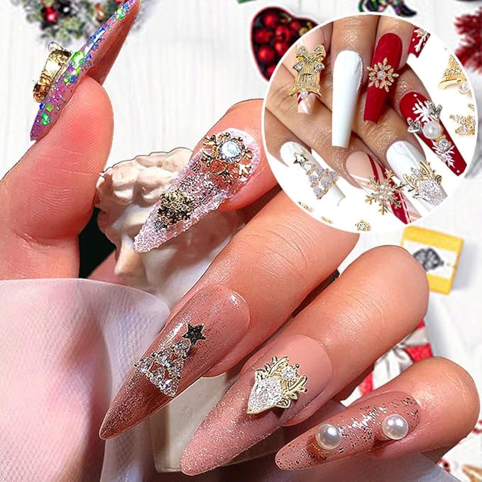 24pcs Luxury Zircon Christmas Nail Charms - 3D Snowflake, Elk, Xmas Tree, Garland Decorations - Gold Art Rhinestones Gems for Nails