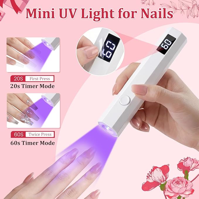 Handheld UV Nail Light for Gel Nails, Flash Cure Nail Lamp with LED Display, Settings 20/60s Timer Rechargeable Mini UV Led Nail Lamp, Hand Held Nail Light for Glue Polish Home Salon DlY, White