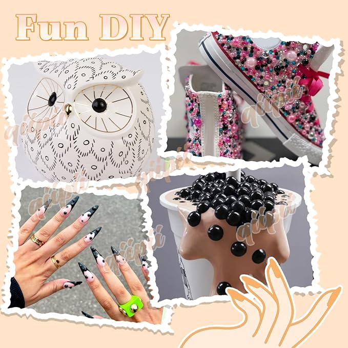 2 Styles Solid Black +Black AB Flatback Pearls w B7000 Glue for Bedazzling Crafting 3mm-10mm Half Round Beads Gems Bedazzler Kit for Nails Face Eyes Makeup Tumblers Bottles Crafts Shoes Phones