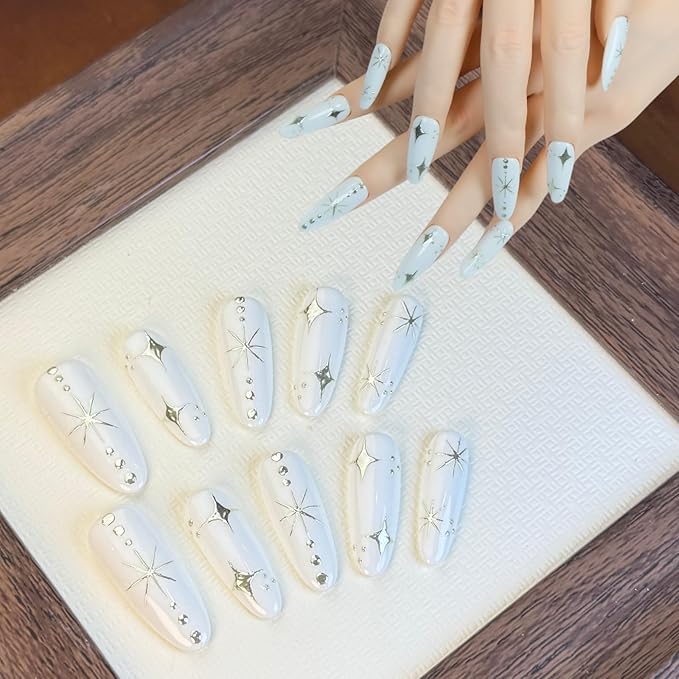 Long Press On Nails Squoval Fake Nails Handmade False Nails White Star Rhinestones Hand-Painted Nail Charms With Designs,Acrylic Nail Kit Gel Nails,Reusable Stick on Nails for Women 10pcs M