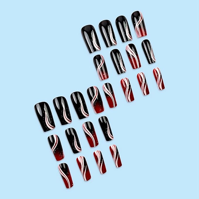 MISUD Press on Nails - Long Square Fake Nails with Goth Red Black, Acrylic Gothic Vampire Design 24 pcs